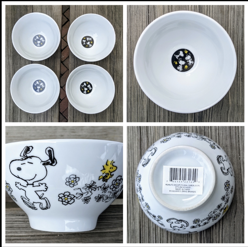 4 PEANUTS Snoopy & Woodstock Cereal Bowls NWT